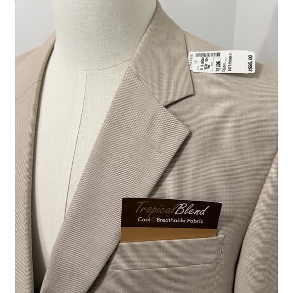 JoS. A. Bank Tan Suit 43L x 37 Pleat Wool Blend Houndstooth Tropical NWT $595 - Picture 2 of 8